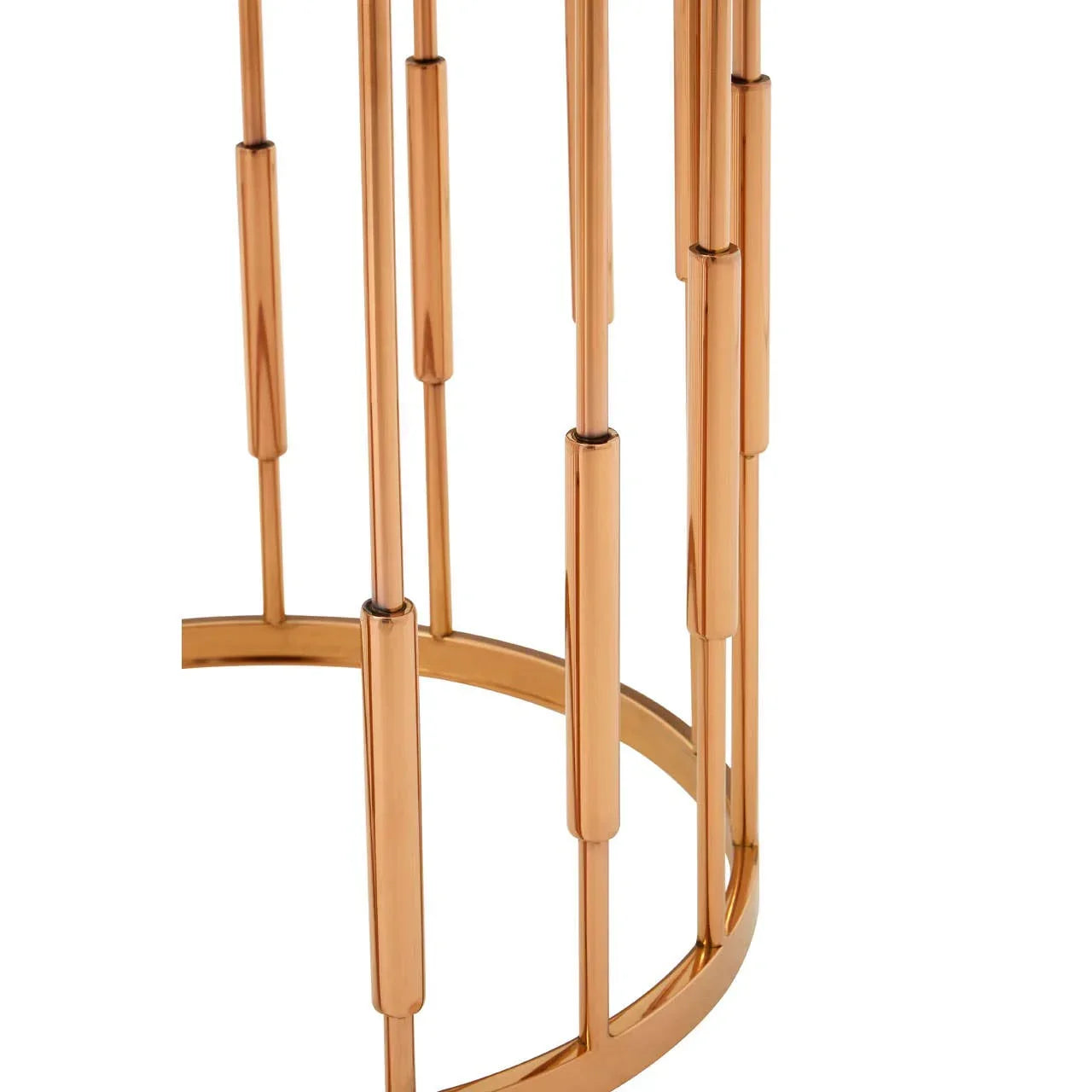 Copper metal side table base with vertical rod design and circular frame, close up view