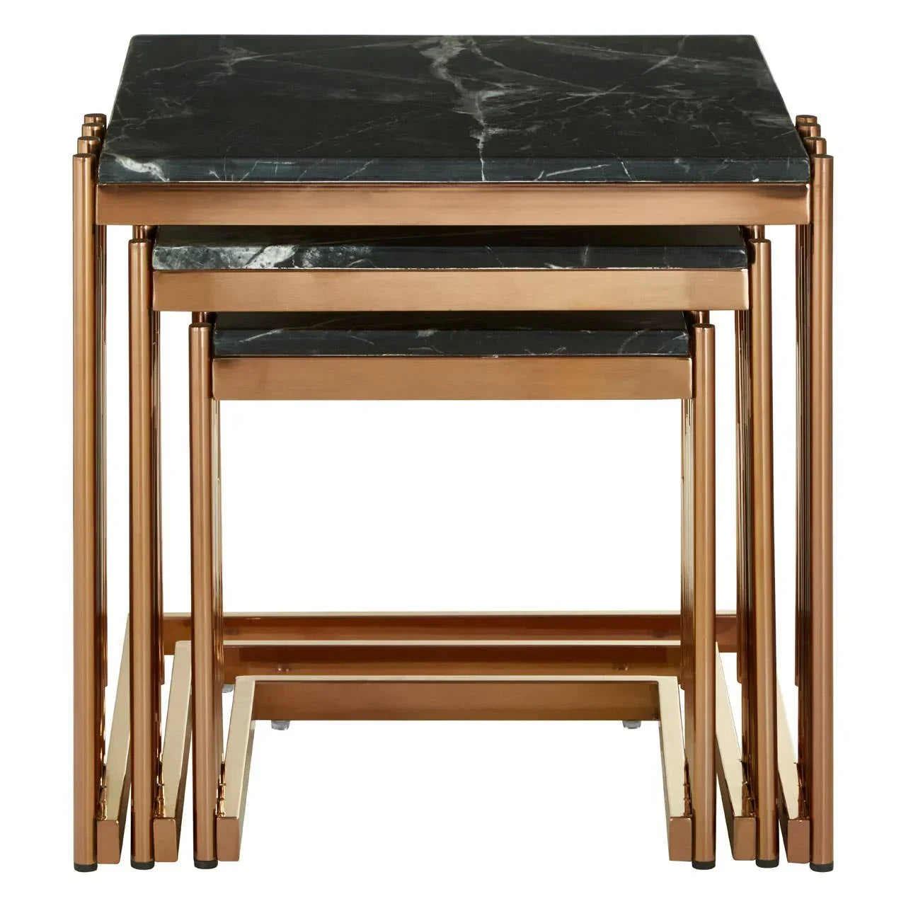 Set of three nesting tables with black marble tops and gold metal frames