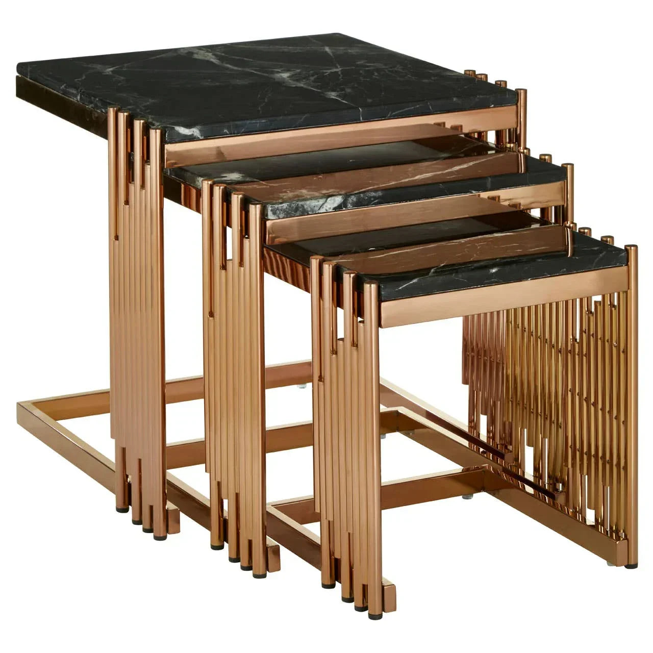 Nesting tables set with black marble tops and gold metal frames, modern living room furniture