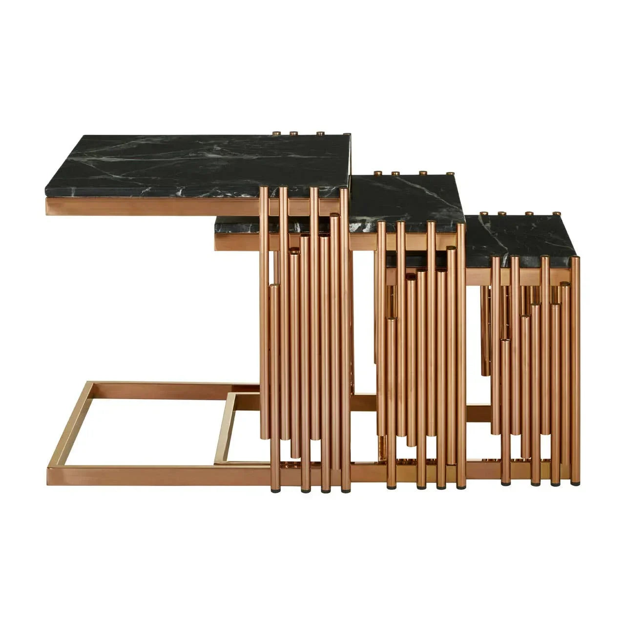 Set of three nesting tables with black marble tops and gold metal frames, side view