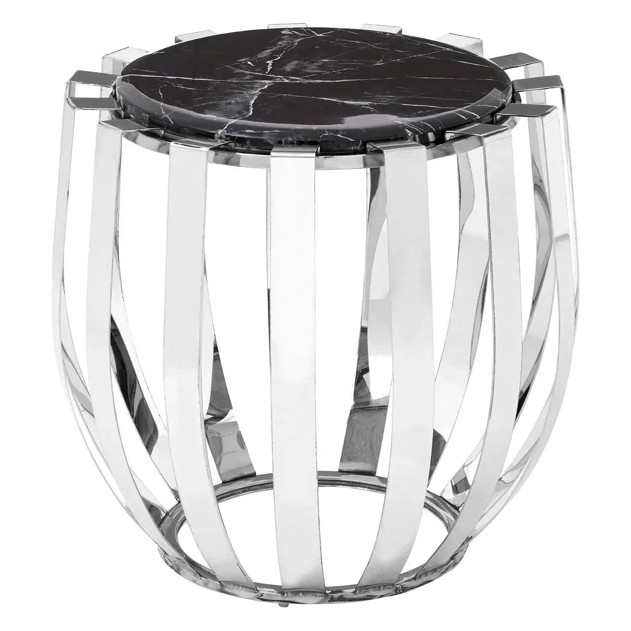 Black marble top side table with chrome metal base, modern round occasional table
