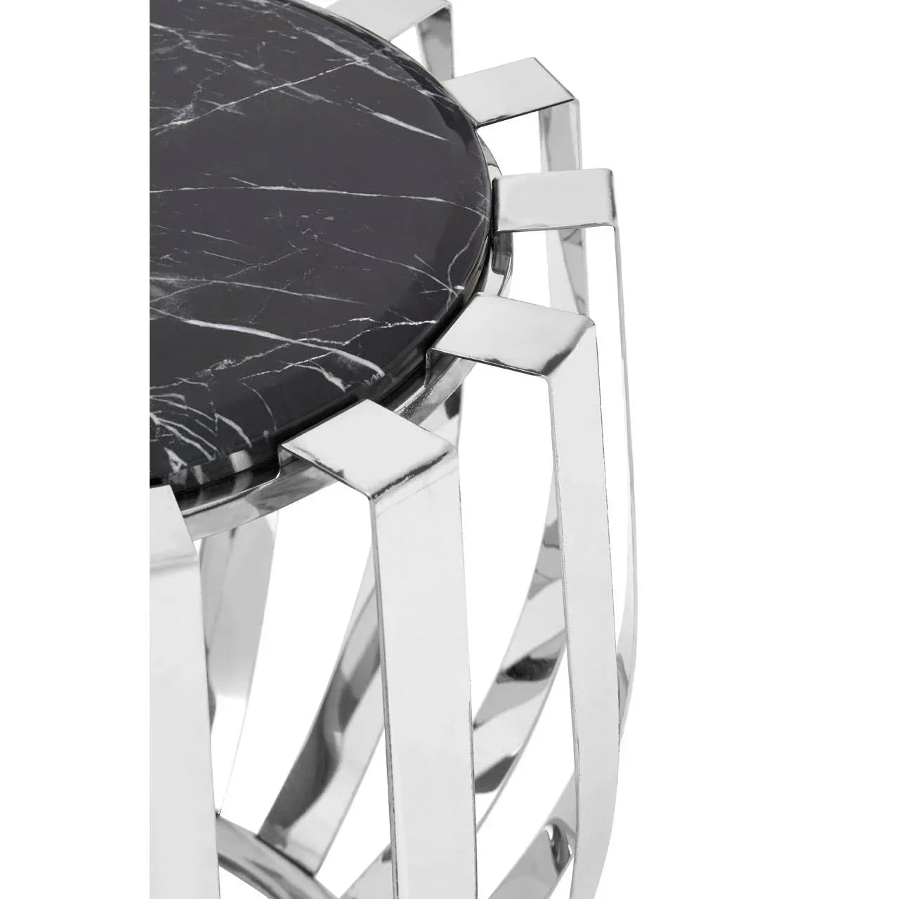 Round black marble side table with silver metal frame, close-up of top and legs