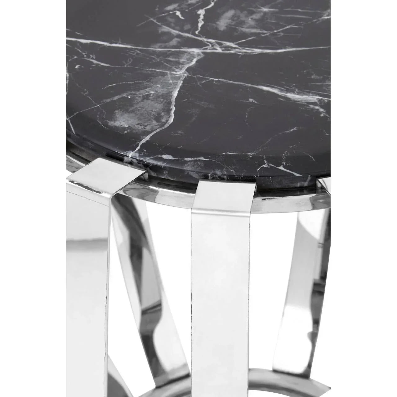 Black marble side table with chrome metal legs, close-up of top and frame details