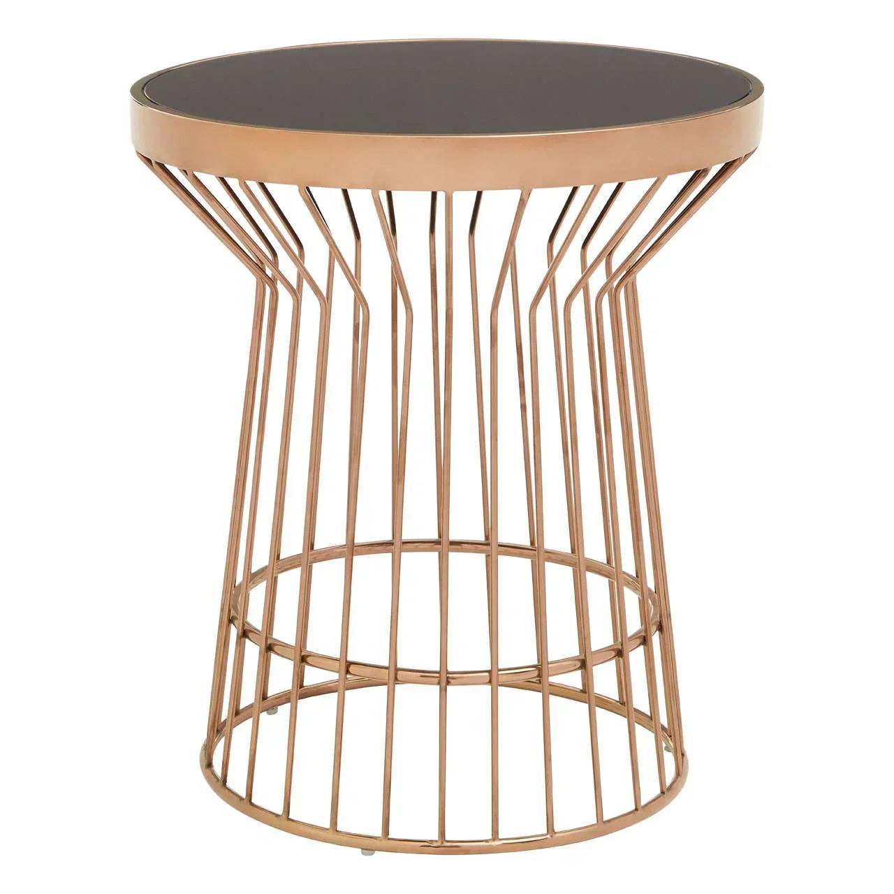 Round side table with black glass top and gold wire metal frame