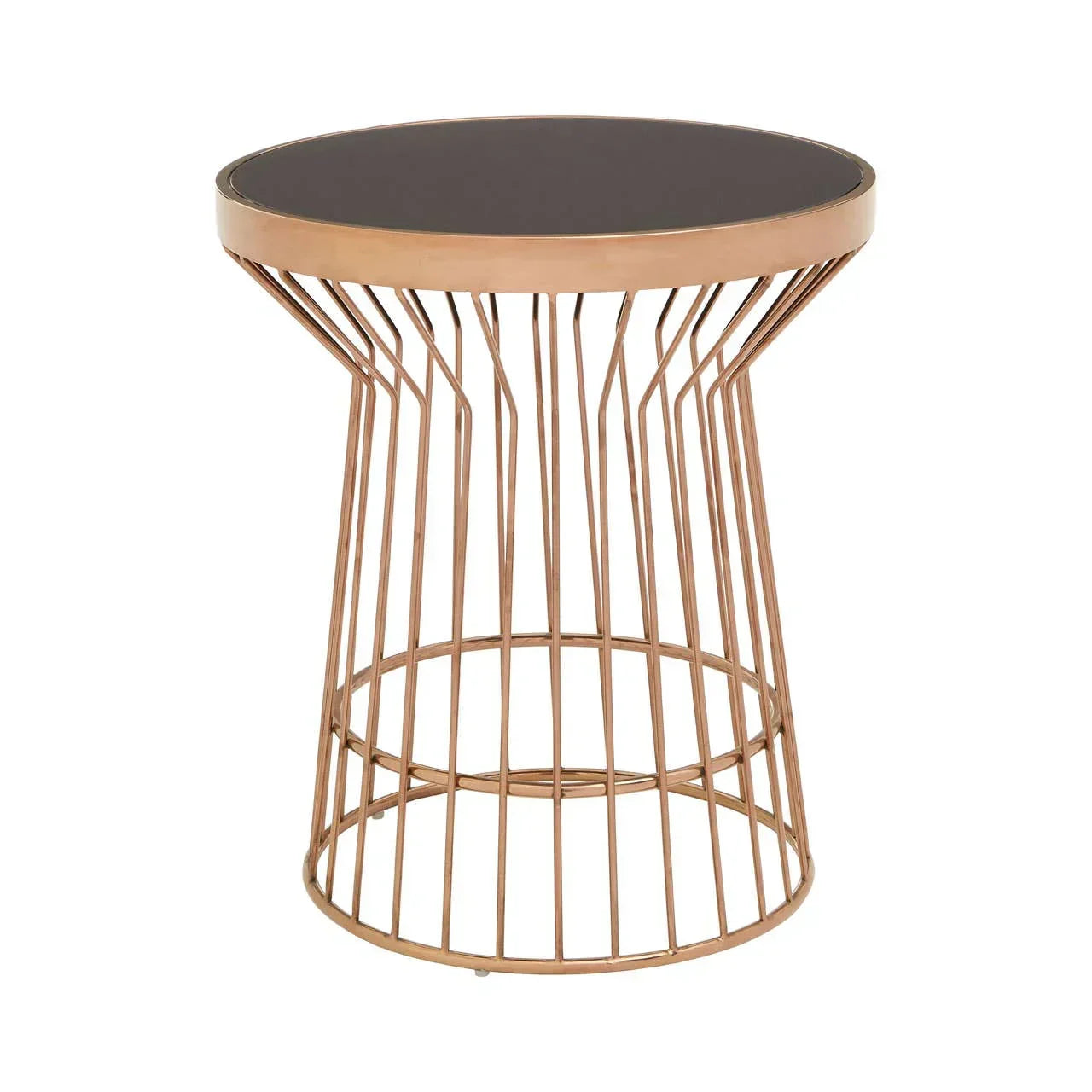 Round metal side table with black glass top and open gold wire base