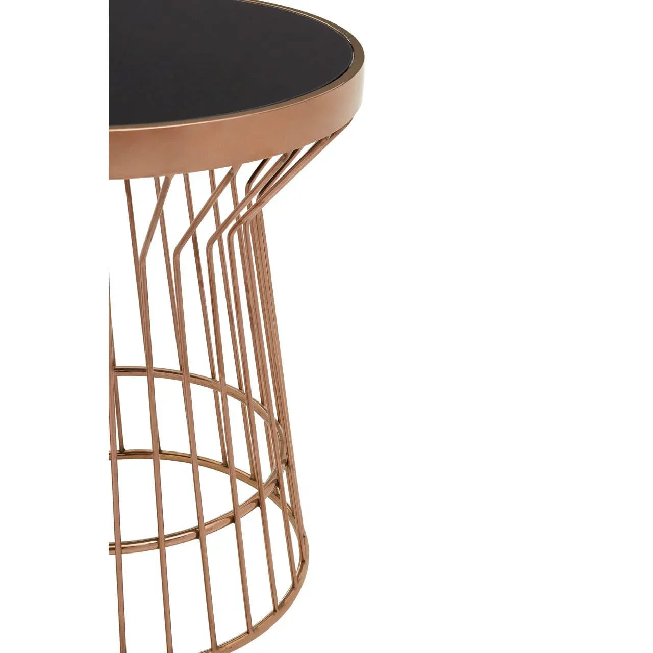 Round side table with black top and gold metal wire base, partial closeup view
