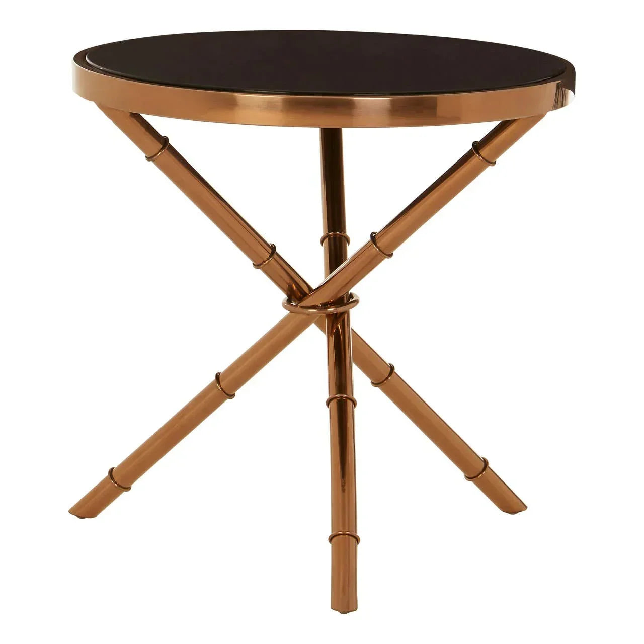 Round side table with black glass top and gold metal bamboo-style legs