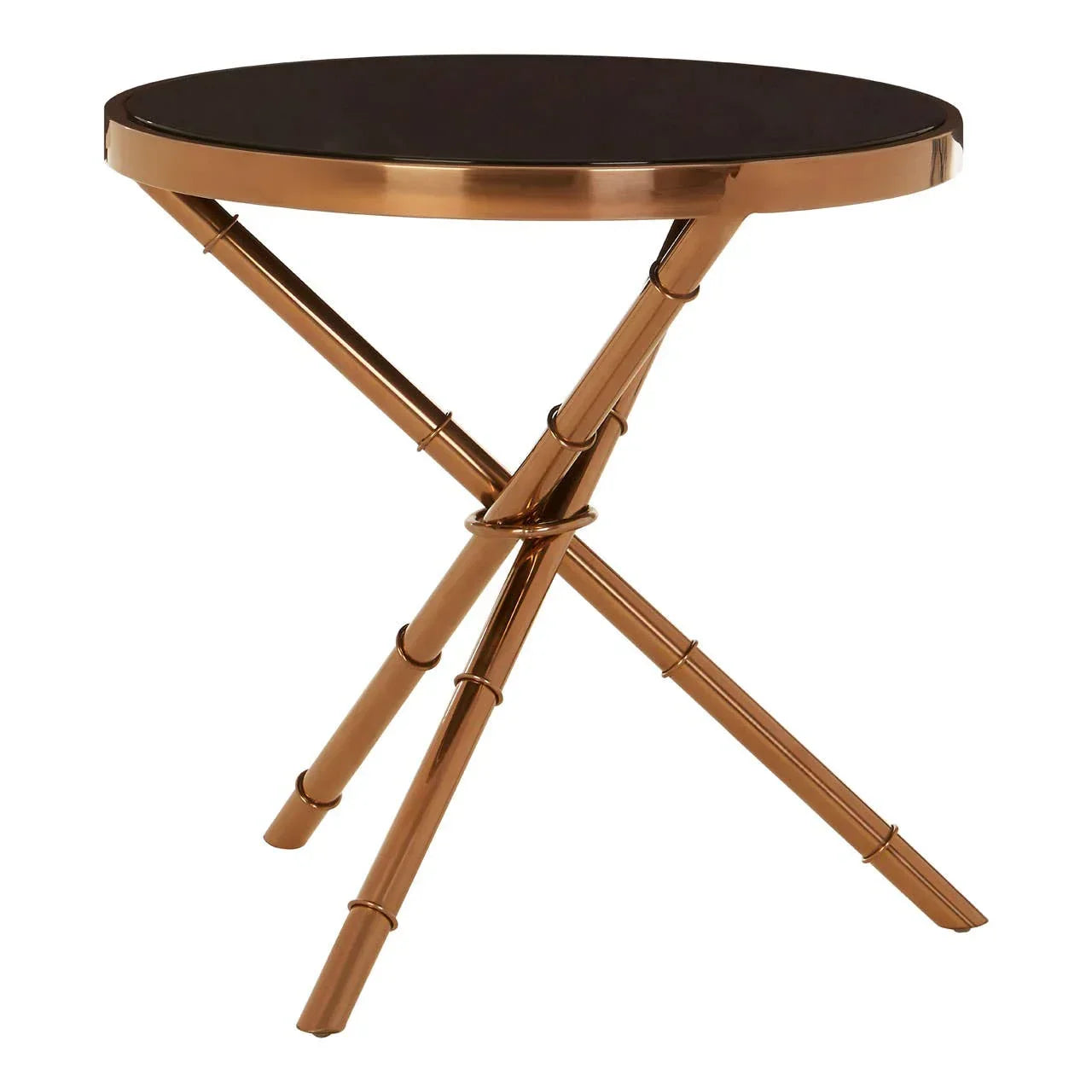 Round bronze metal side table with tripod bamboo-style legs and black glass top