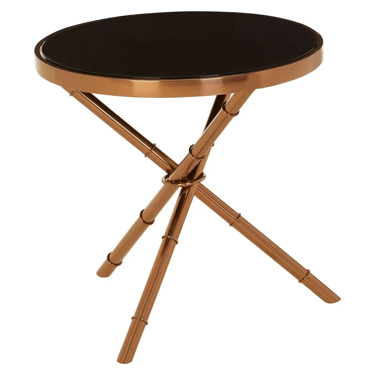 Round side table with metallic bronze legs and black top, tripod bamboo style base