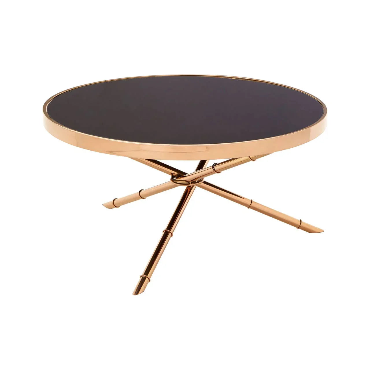 Round coffee table with black glass top and gold metal tripod legs