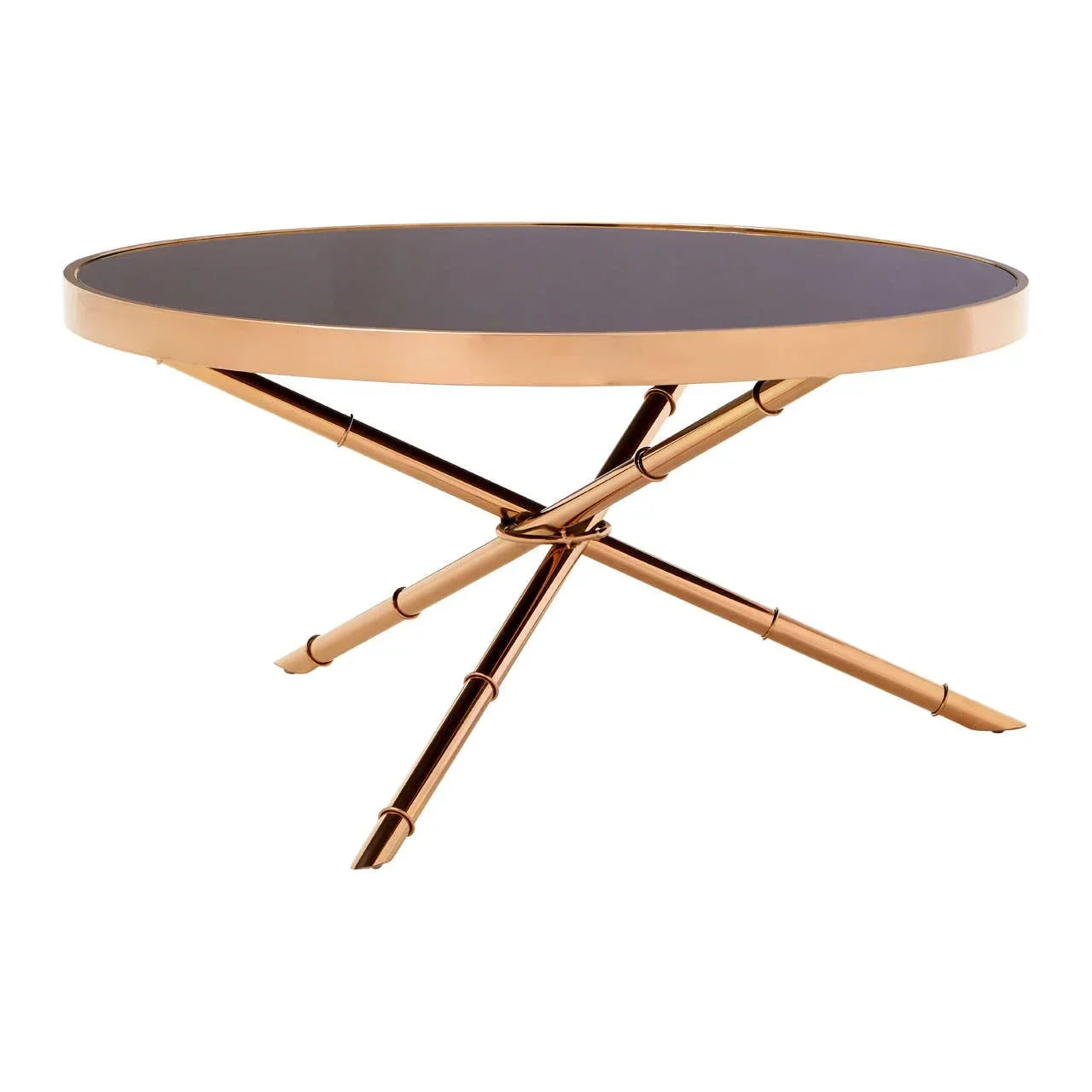 Round glass top coffee table with gold metal crossed legs