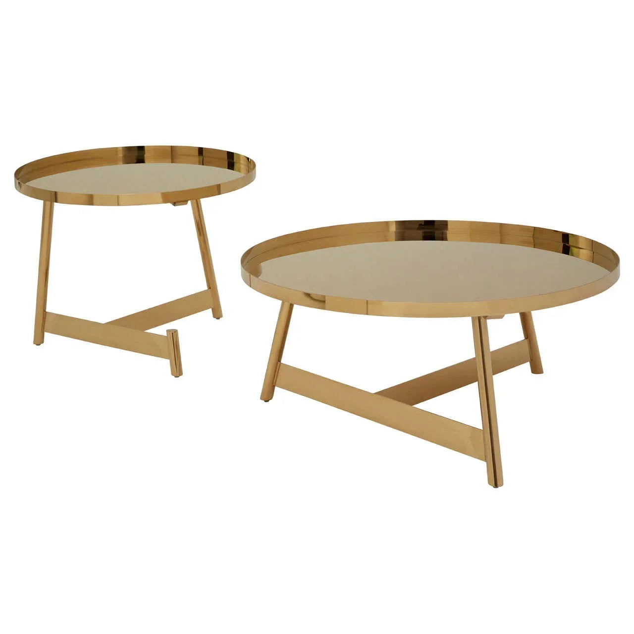 Gold coffee table set with round mirrored tops and modern metal legs