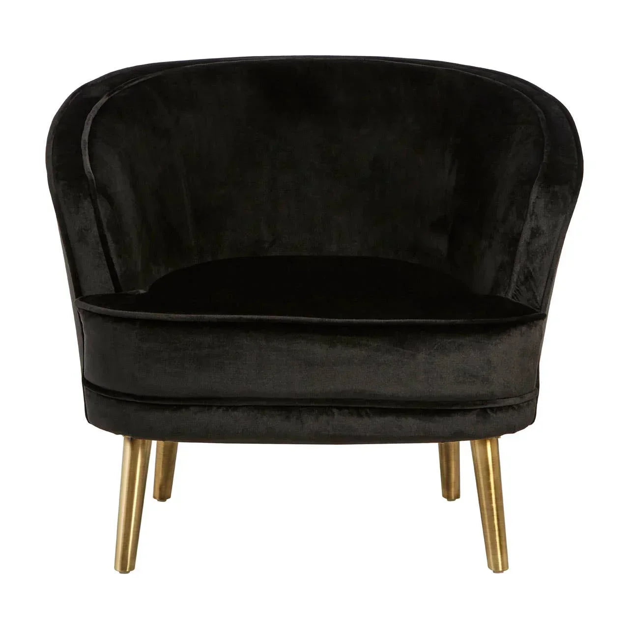 Black velvet accent chair with curved backrest and gold metal legs, front view