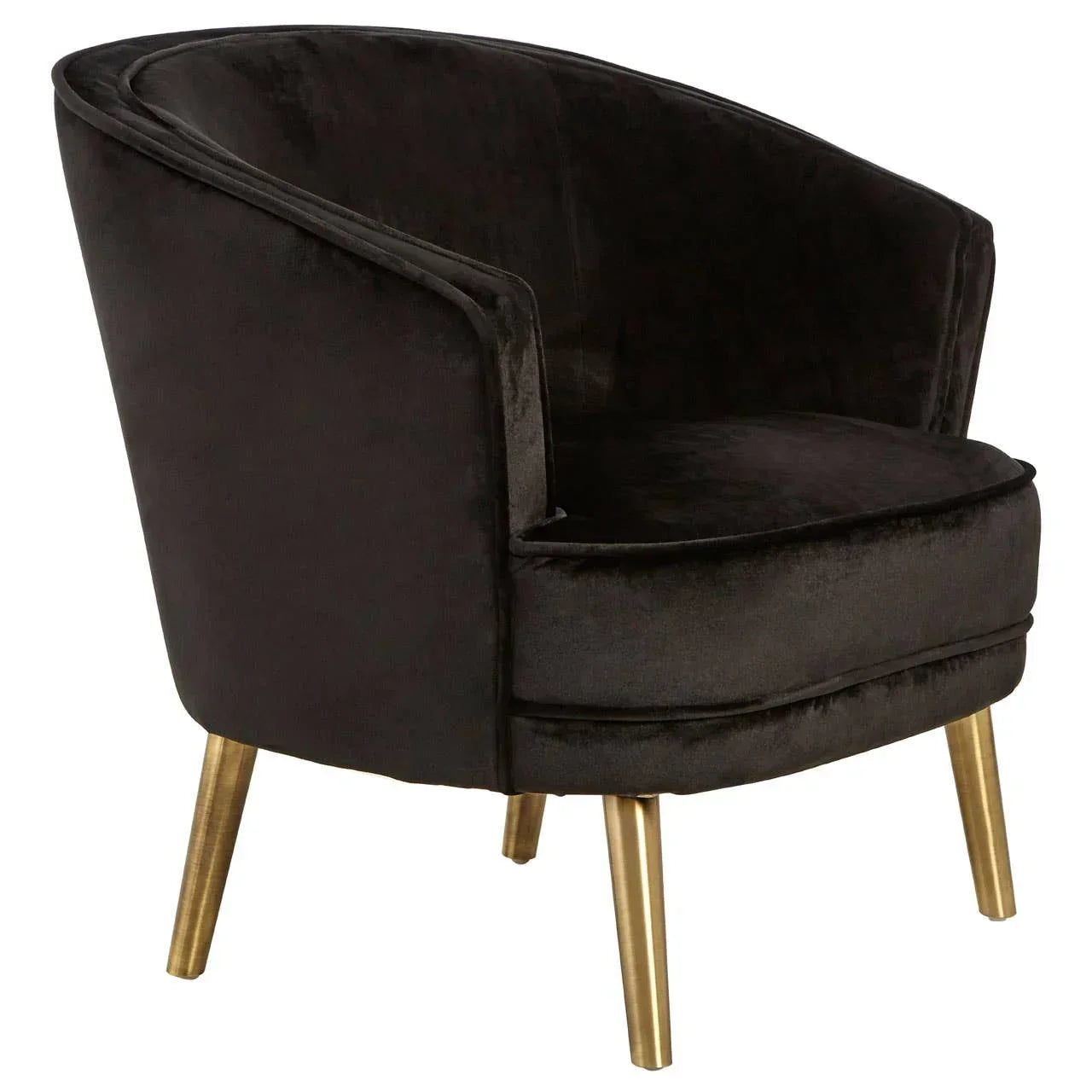 Black velvet accent chair with gold metal legs and curved backrest, angled side view