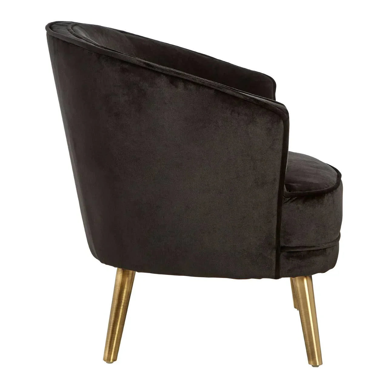 Black velvet accent chair with curved back and gold metal legs, angled rear view