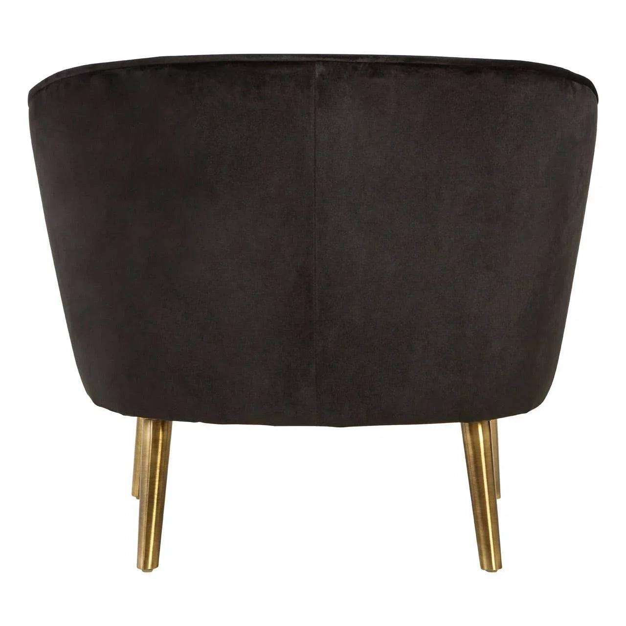 Rear view of black velvet accent chair with gold metal legs