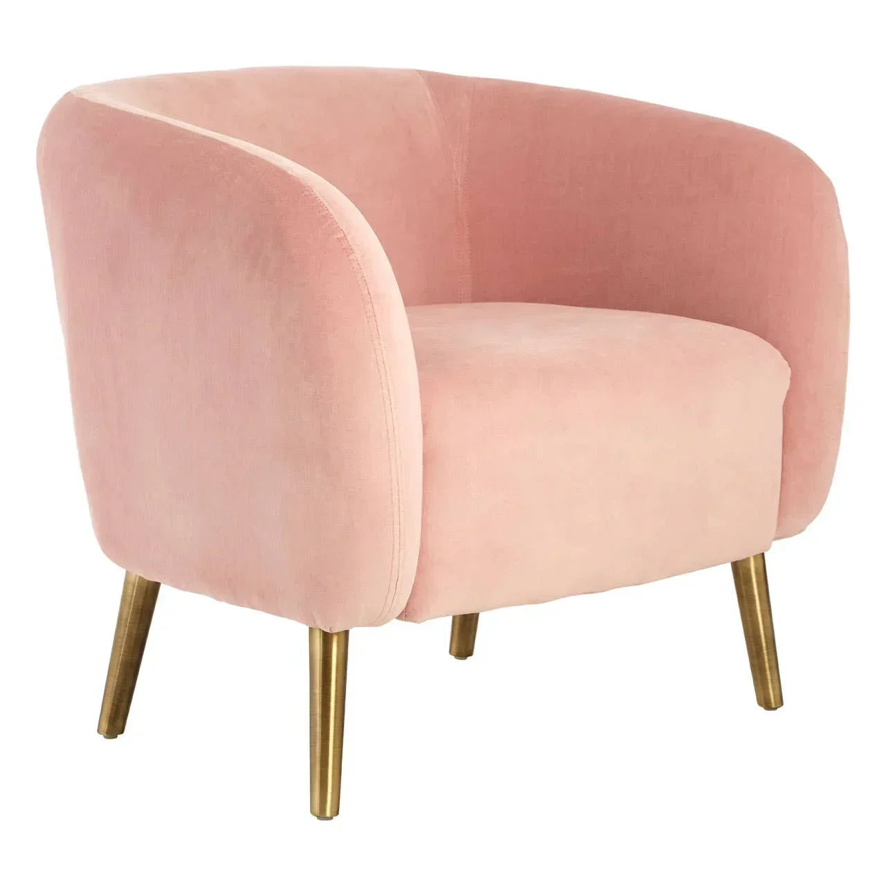 Pink velvet accent armchair with curved backrest and gold metal legs