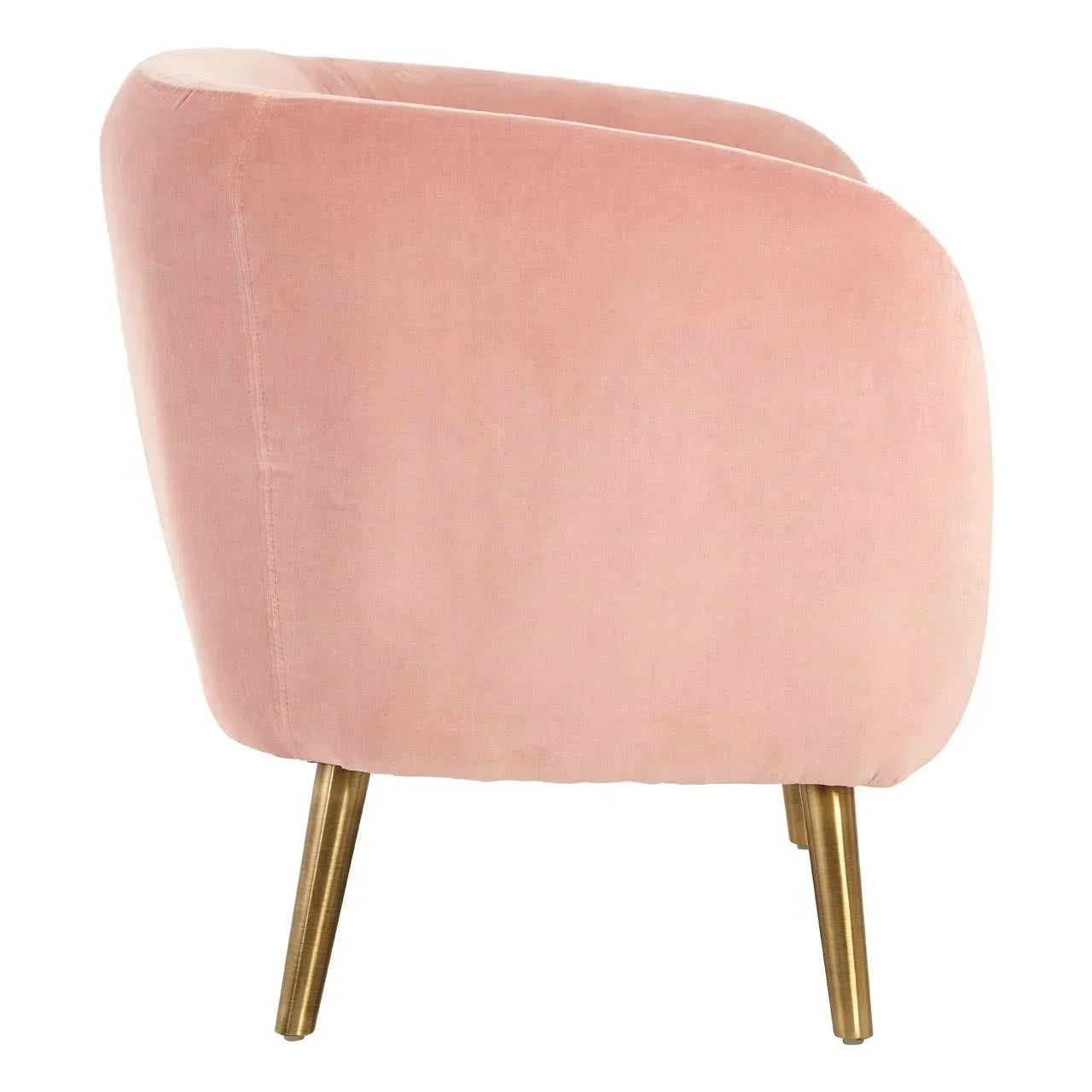 Pink velvet accent chair with gold metal legs side view