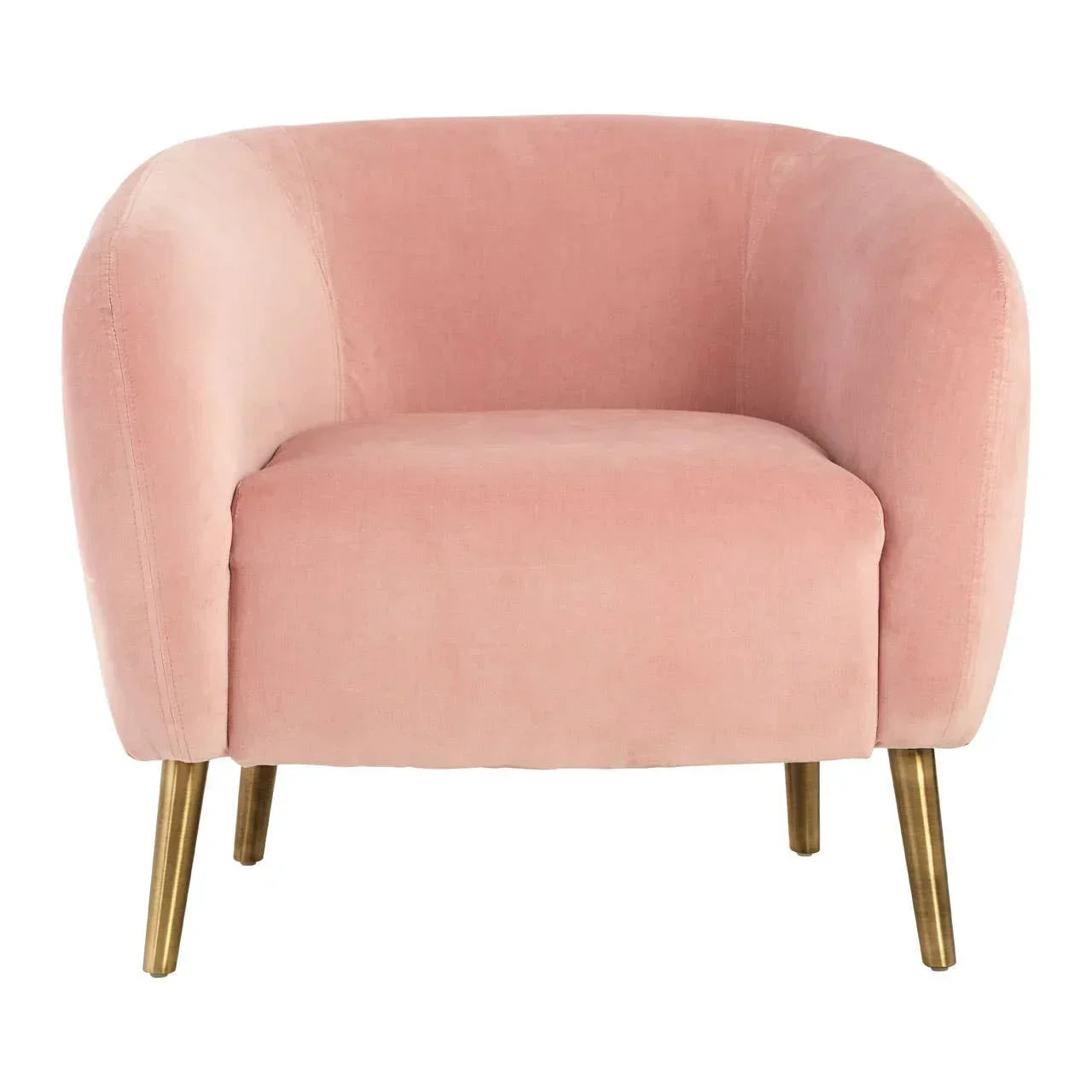 Pink velvet armchair with curved back and gold legs, front view