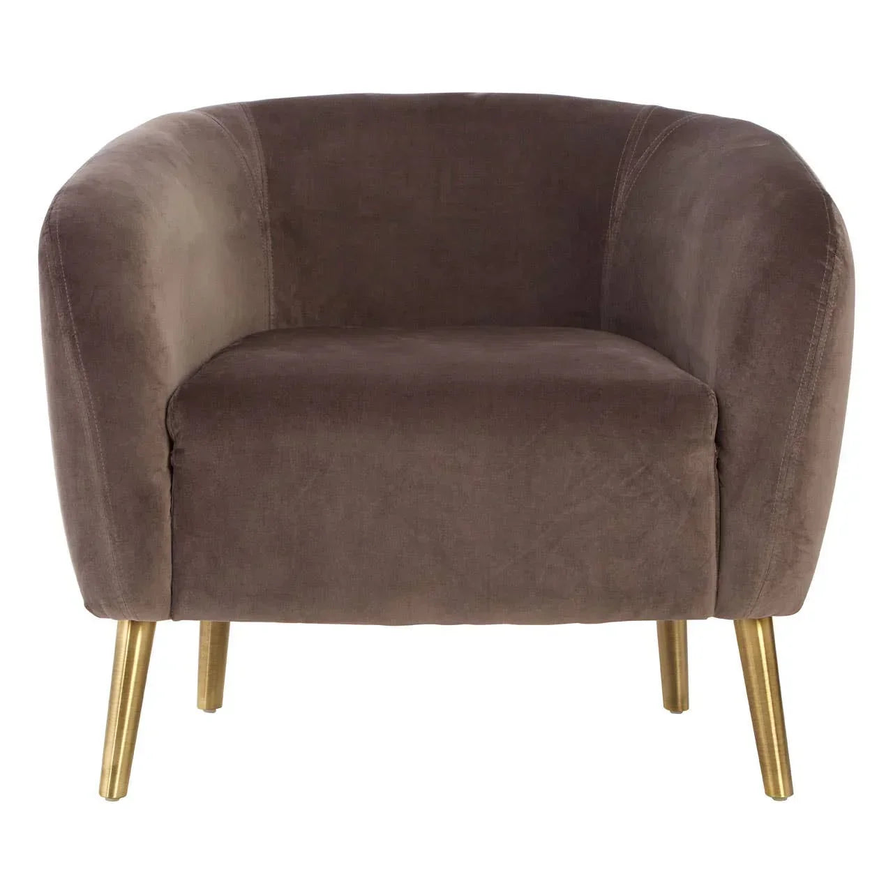 Brown velvet armchair with curved backrest and gold metal legs, front view