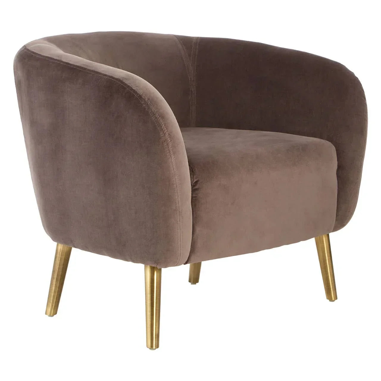 Brown velvet accent chair with curved backrest and gold metal legs