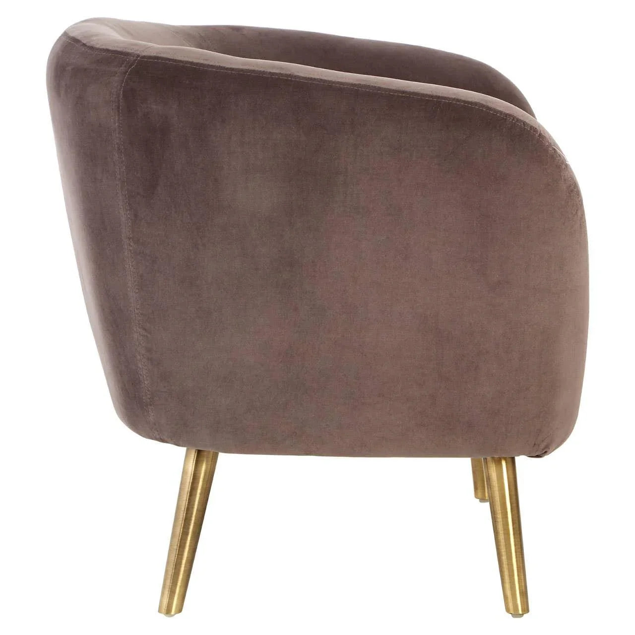 Velvet accent chair in taupe with curved backrest and gold metal legs, rear side view