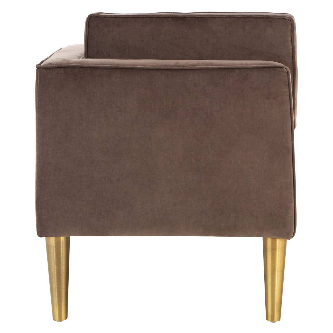 Grey velvet left-hand chaise longue with a sleek design, featuring a low back and plush upholstery. The legs are made of gold-colored metal, adding a touch of elegance to the overall look