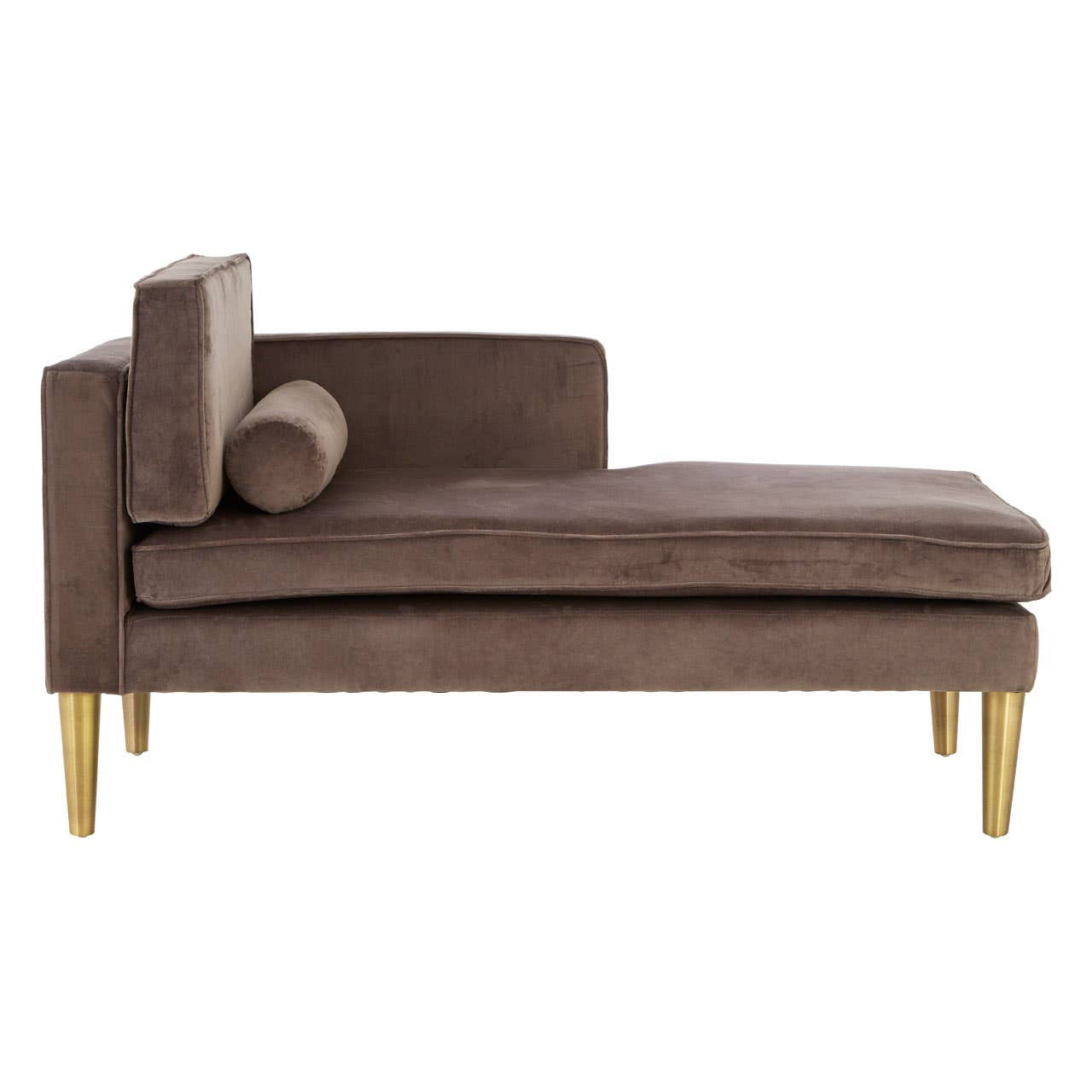 Grey velvet left-hand chaise longue with a sleek design, featuring a plush seat and a rounded bolster cushion. The chaise is supported by elegant gold legs, adding a touch of sophistication to the overall look