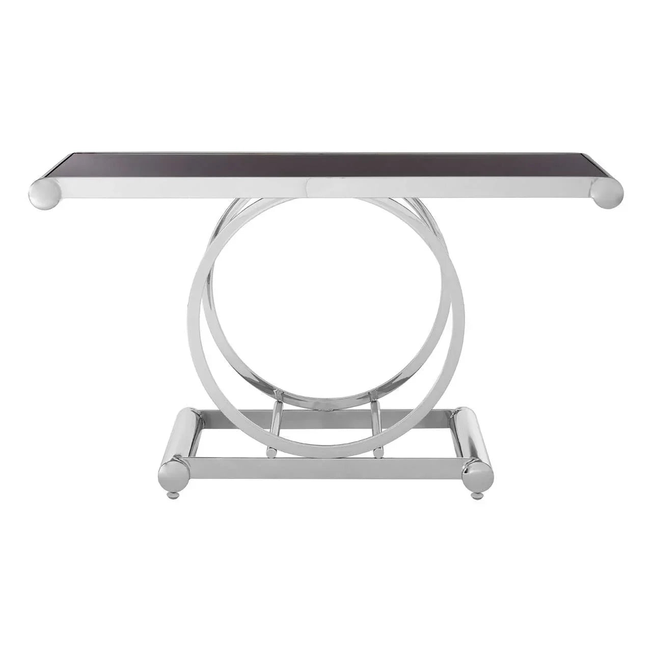 Chrome console table with black glass top and circular metal base, front view