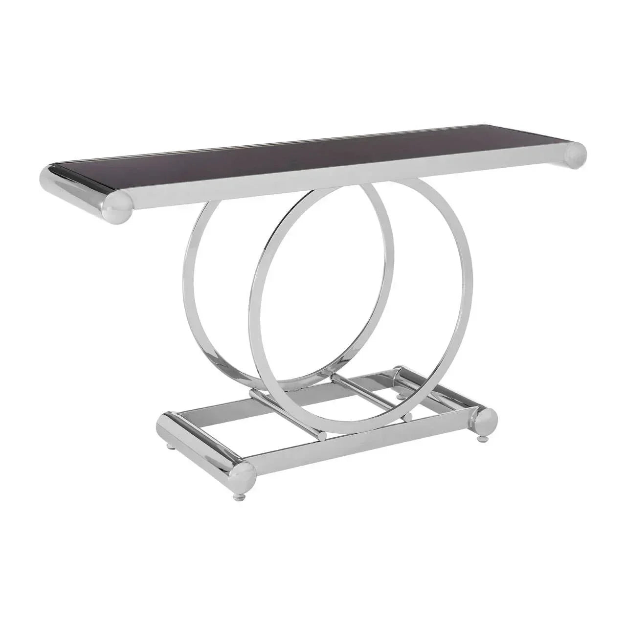 Modern console table with black glass top and chrome circular metal base