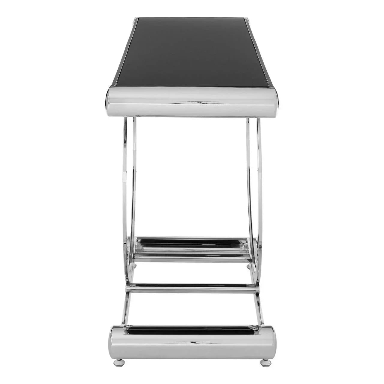 Chrome and black glass console table with curved metal frame, side angle view