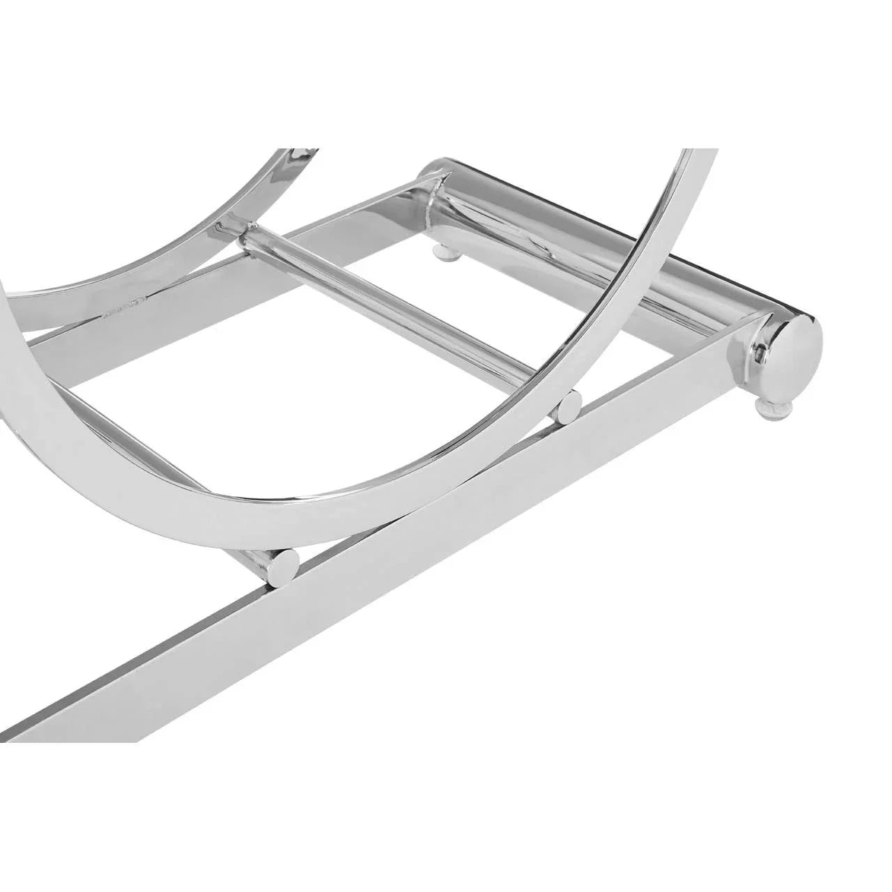 Chrome metal coffee table base with curved support and polished finish, close-up view