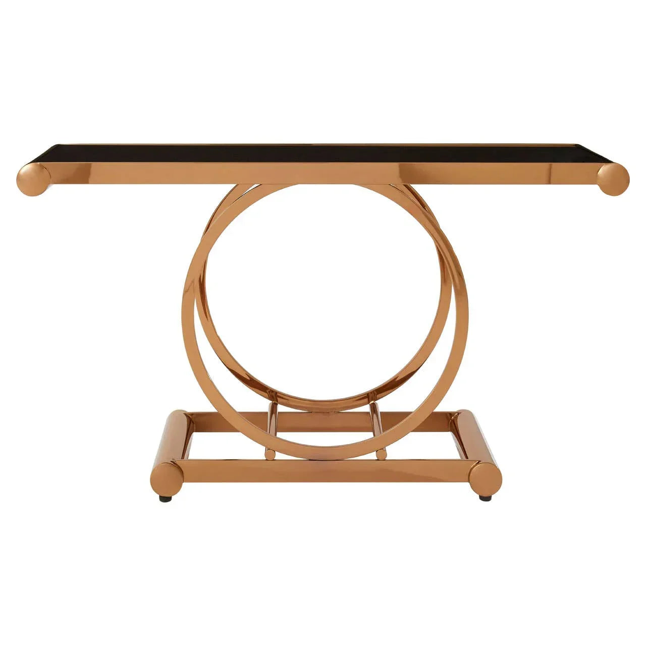 Gold metal console table with black glass top and circular base design