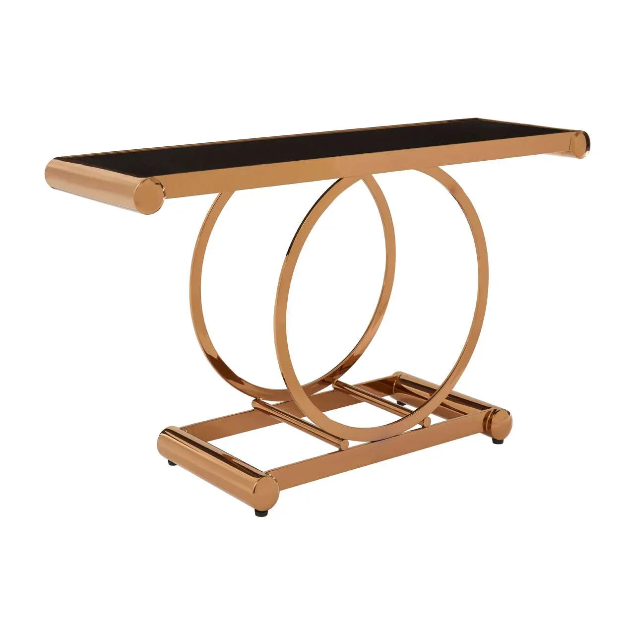 Gold metal console table with black glass top and modern circle base design