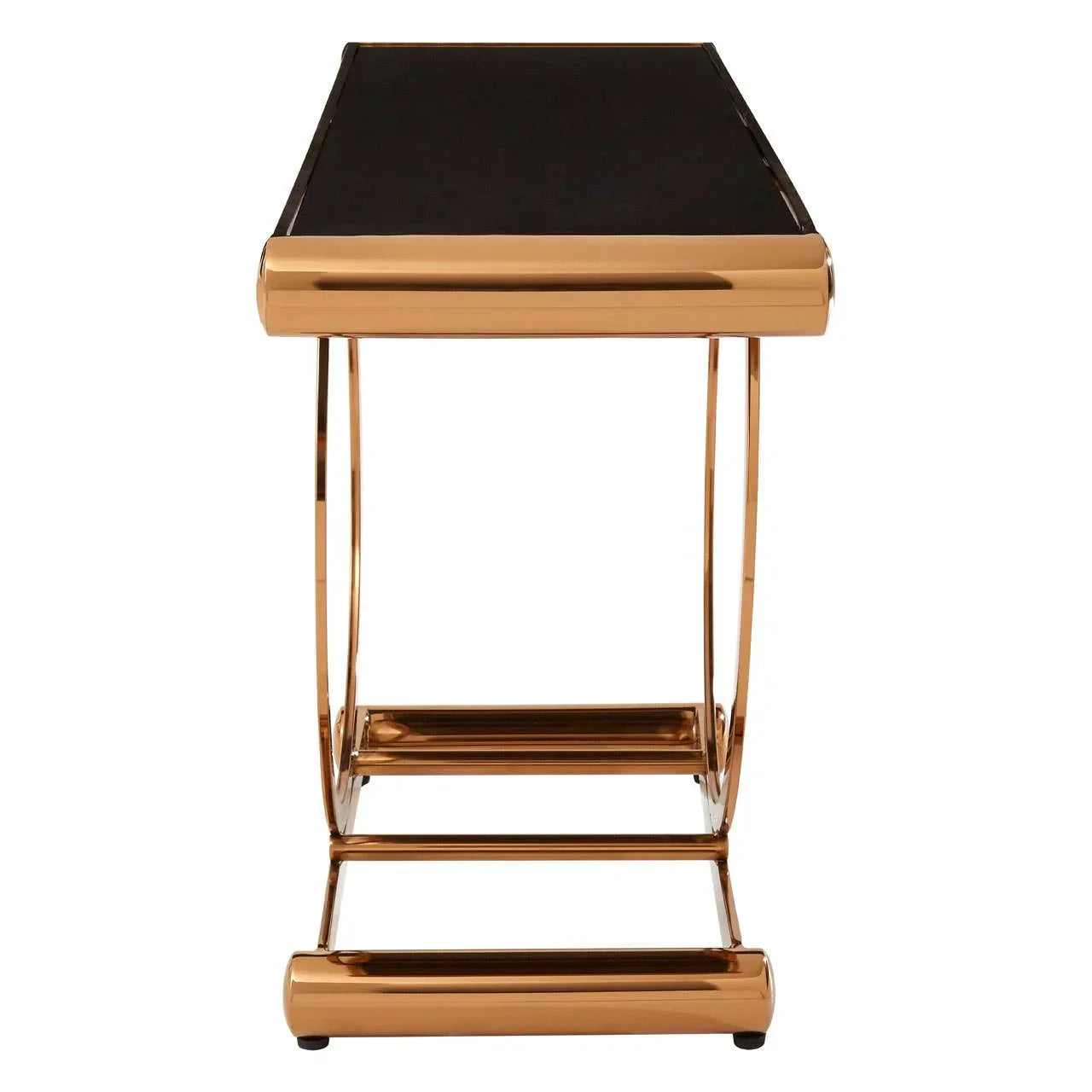 Gold metal side table with black glass top, shown from the front angle