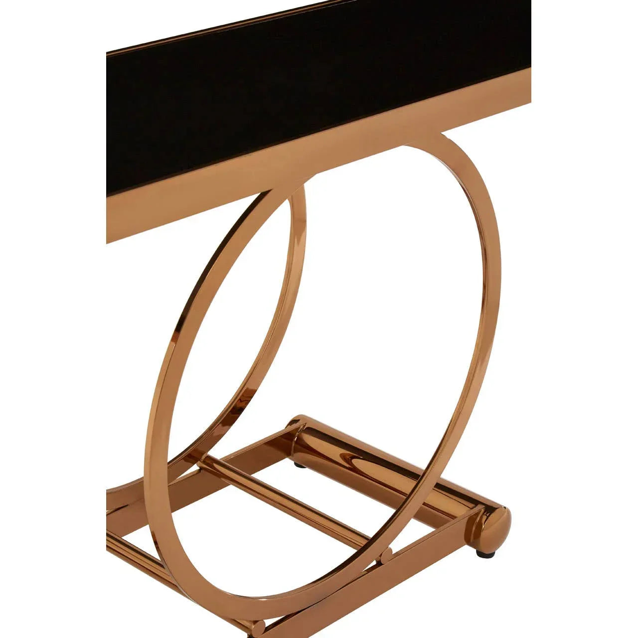 Gold metal console table base with geometric circular design and black top corner