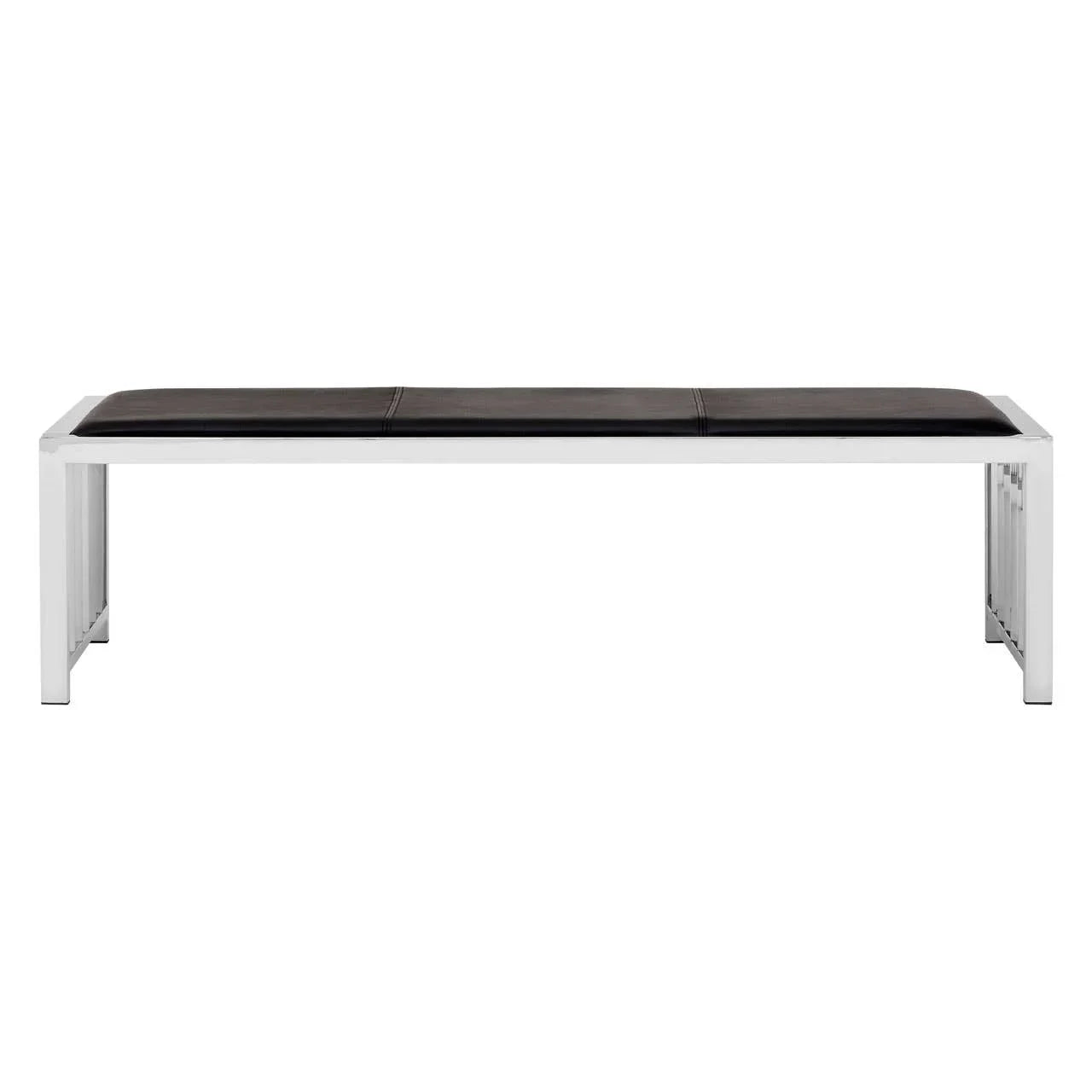 Modern dining bench with black cushion seat and white metal frame, side view