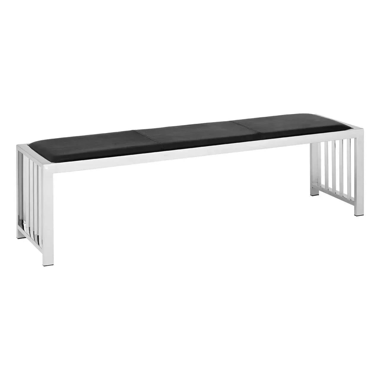 Modern bench with black cushioned seat and silver metal frame, side slat leg design