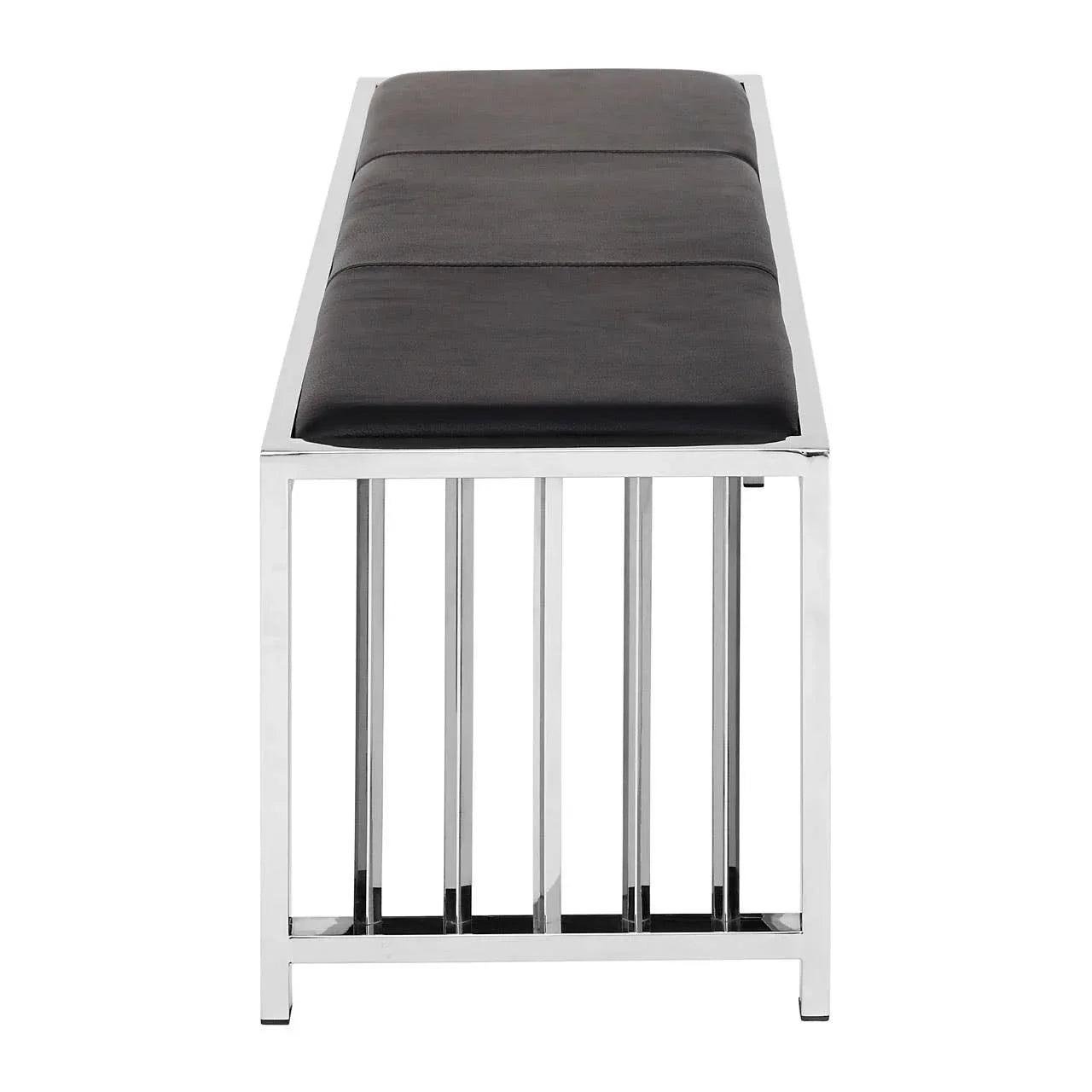 Modern bench with black cushioned seat and chrome metal frame, front view