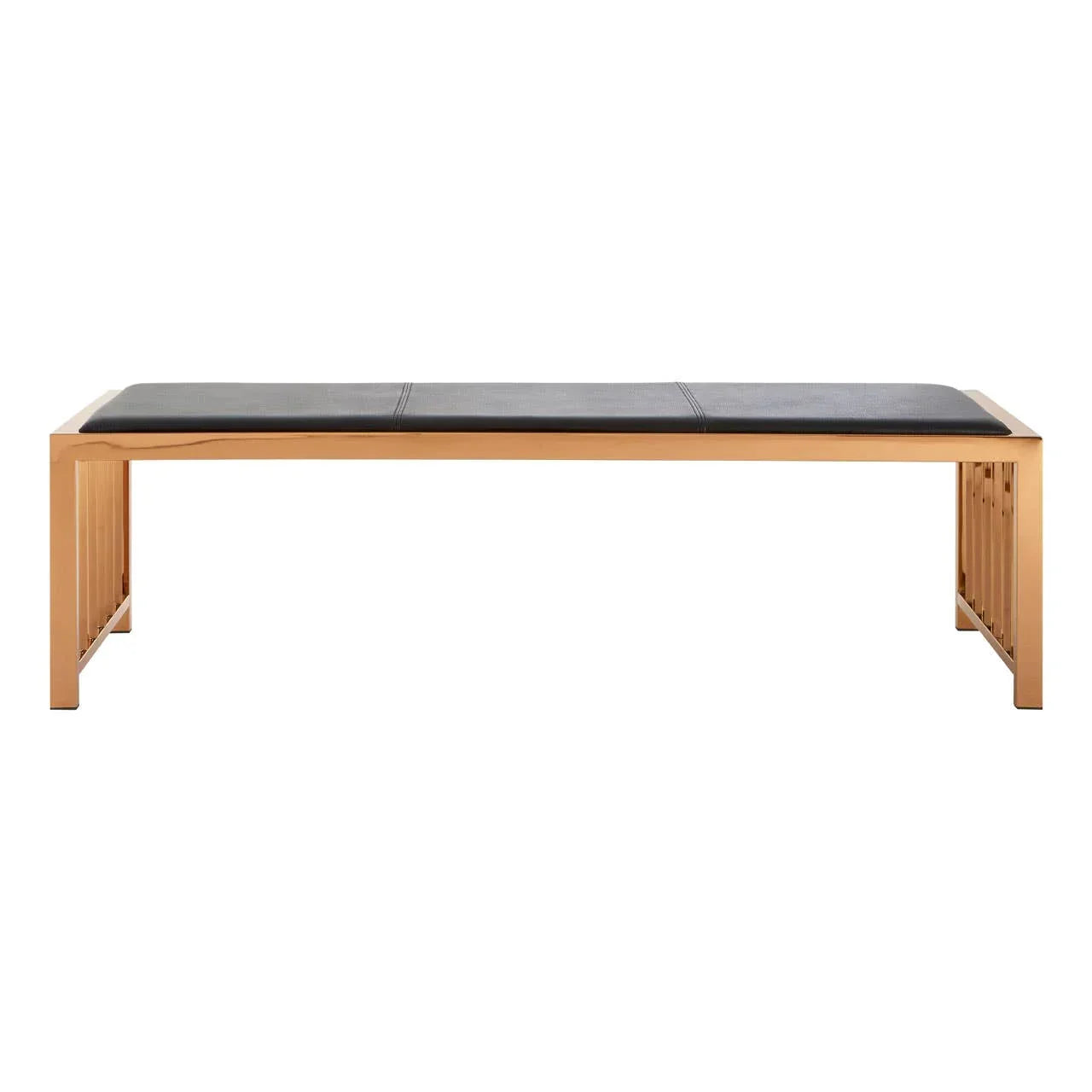 Wooden dining bench with black cushioned seat and slatted panel sides, front view