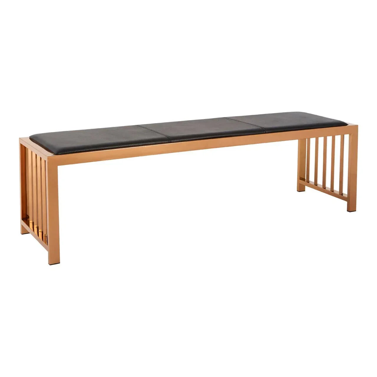Black leather bench with gold metal frame and slatted sides, modern dining room seating