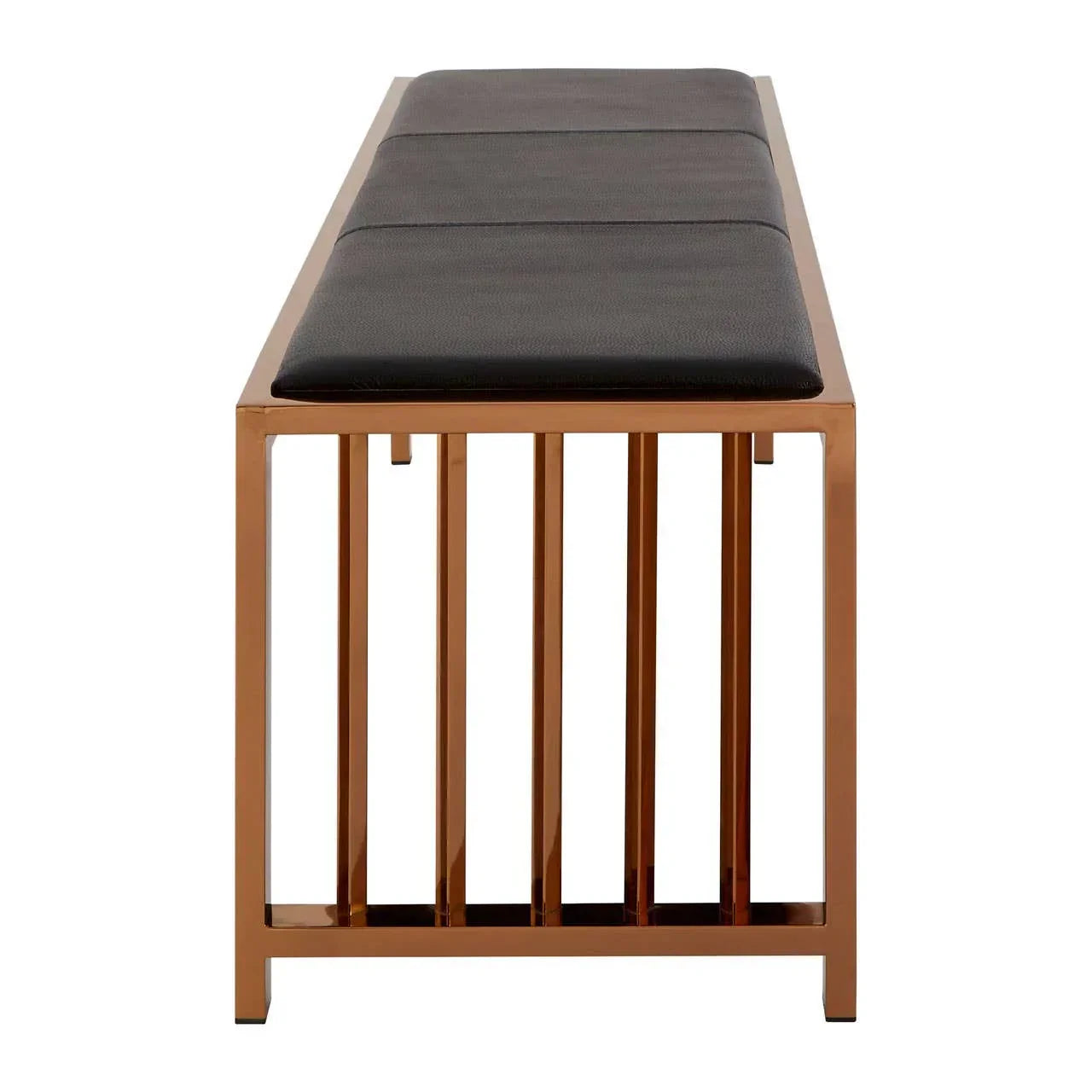 Modern bench with gold metal frame and black cushioned seat, front angle view