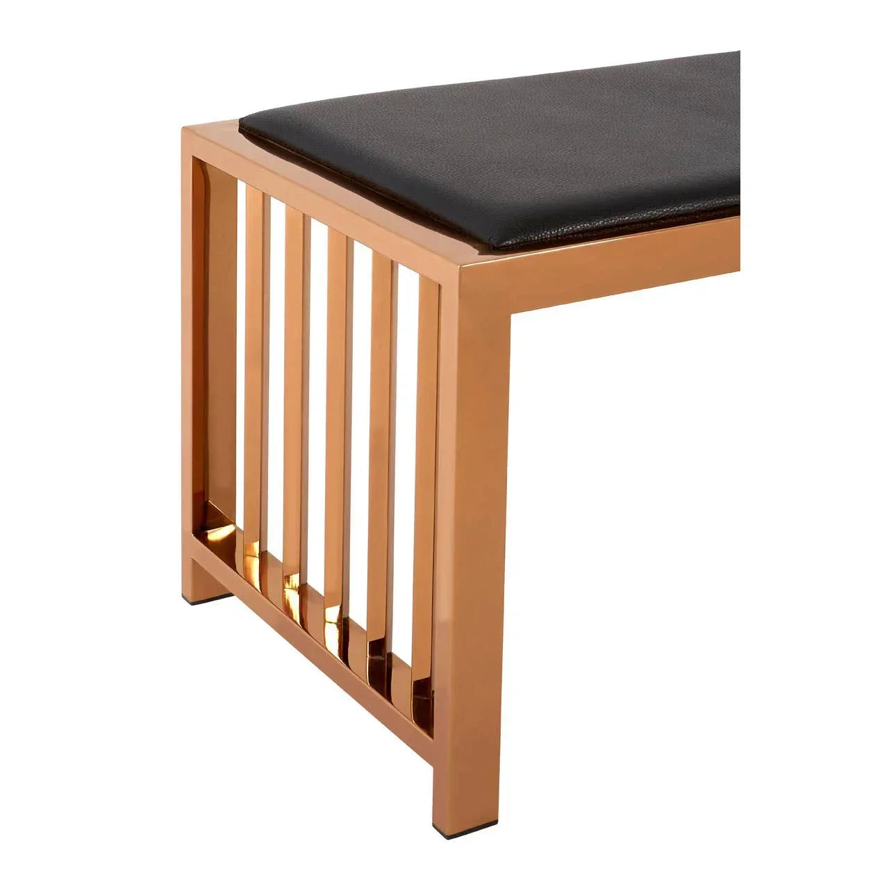 Gold metal bench leg with black seat cushion and vertical bar detail