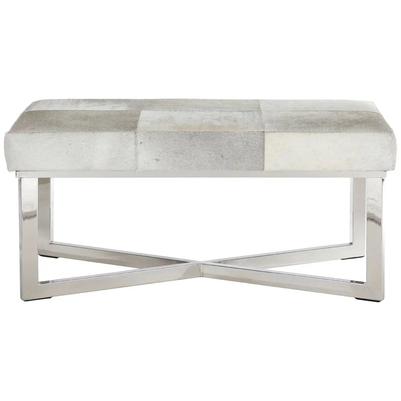 Grey cushioned bench with chrome metal base and cross-leg design, front view