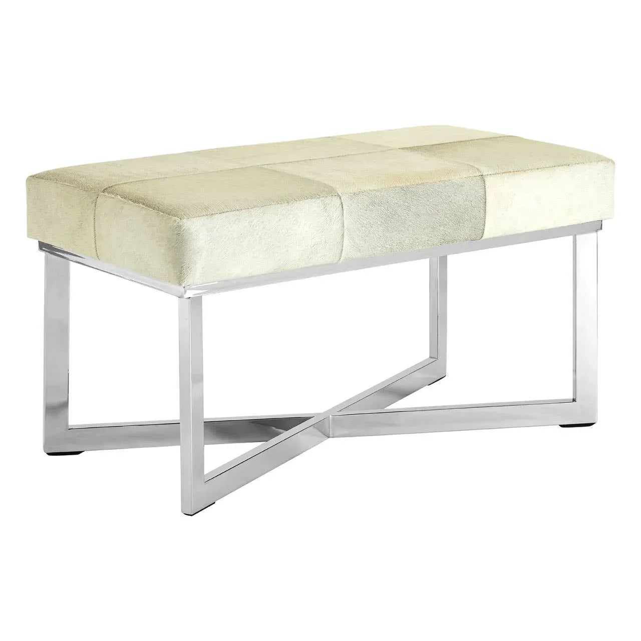 Cream upholstered bench with chrome metal legs and modern crossbase design