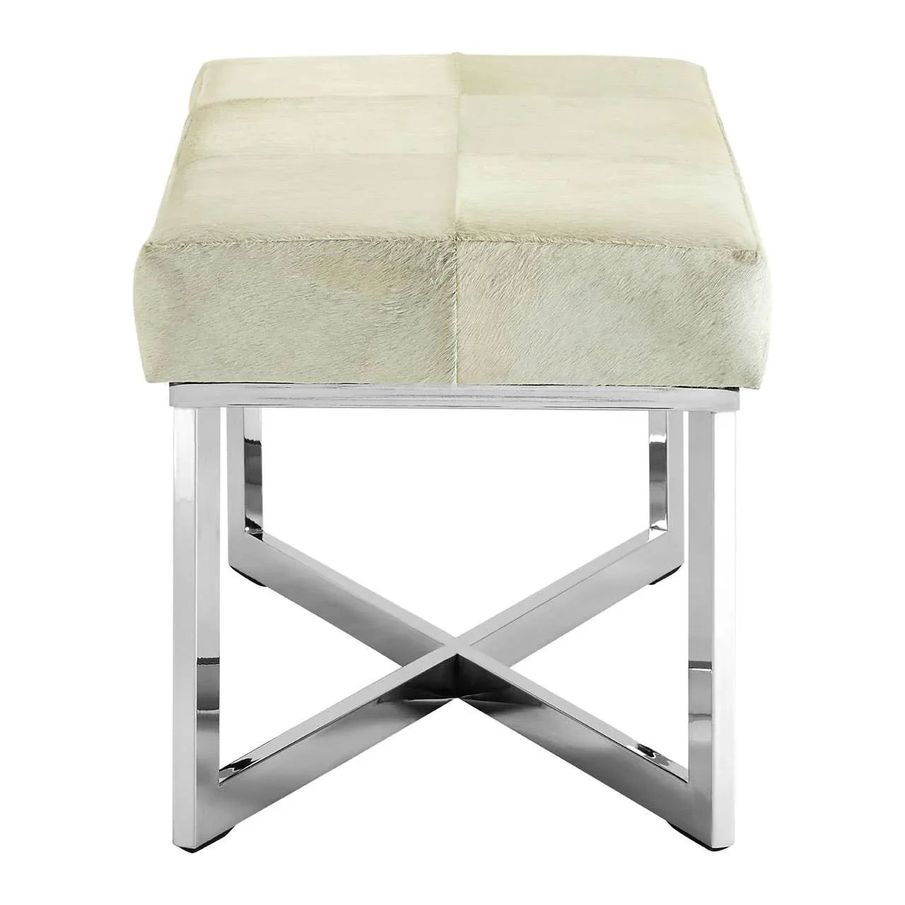 Modern bench with cream upholstered seat and chrome cross metal legs, front view