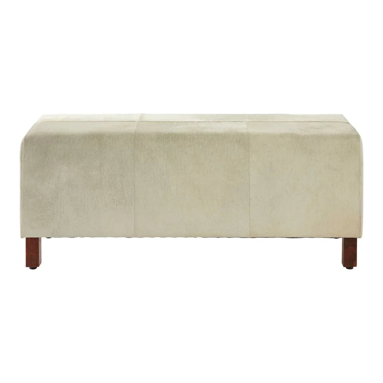 Cream upholstered ottoman bench with wooden legs, front view