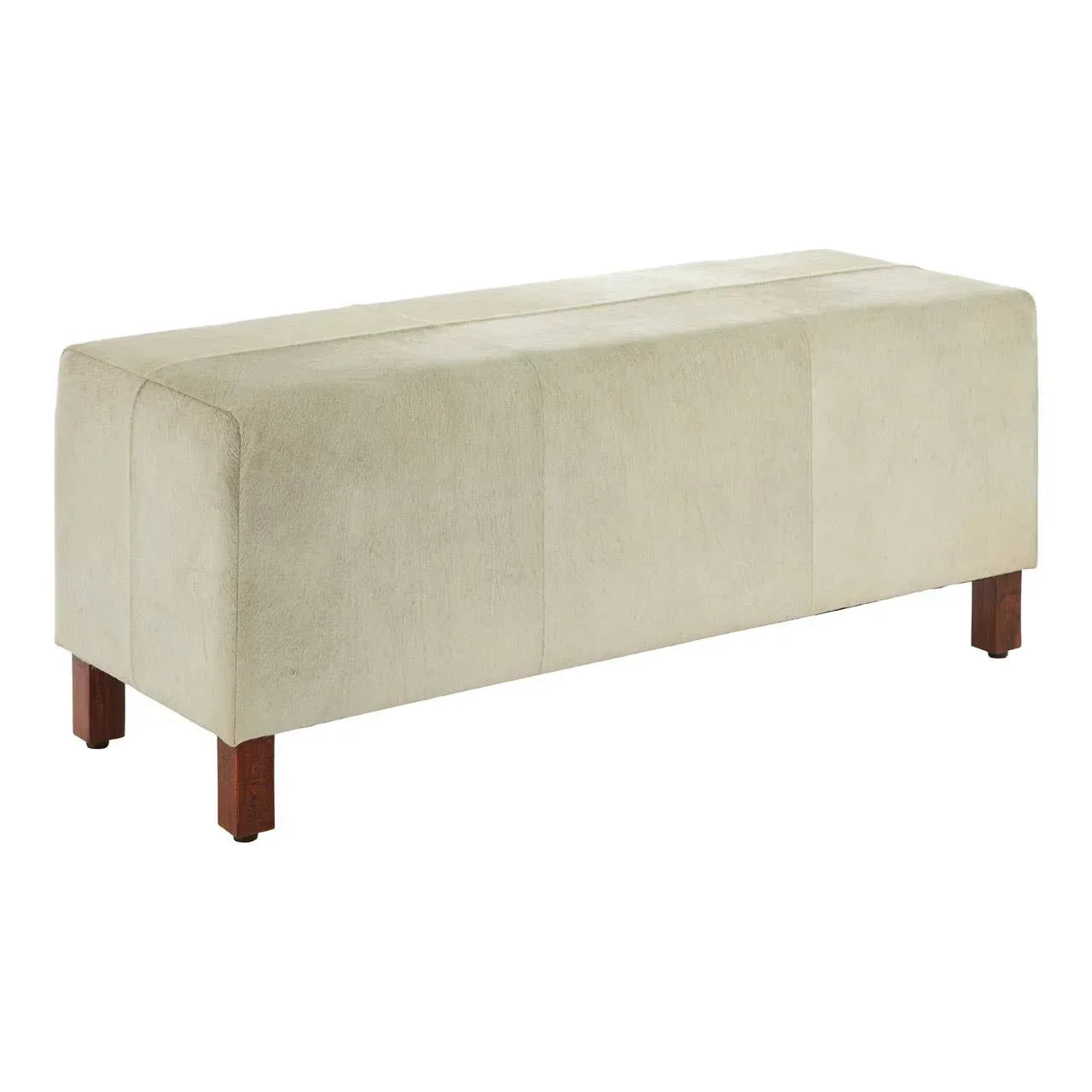 Beige upholstered bench with rectangular shape and wooden legs on white background