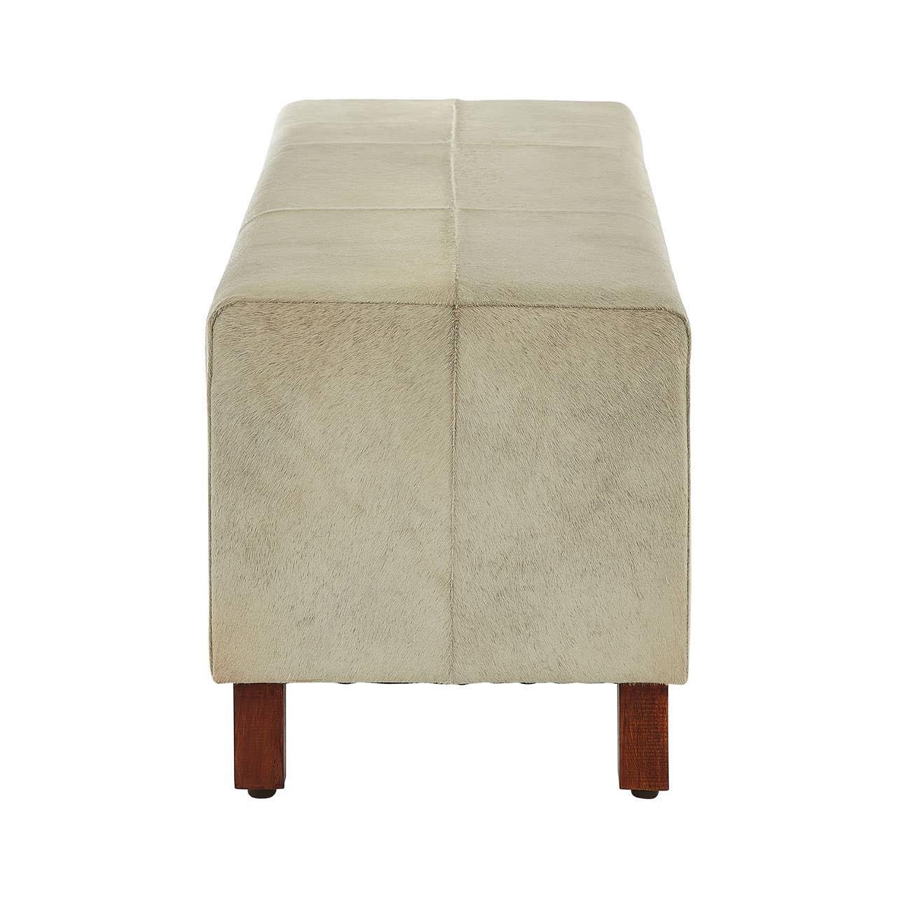 Beige upholstered bench with wooden legs, front angle view