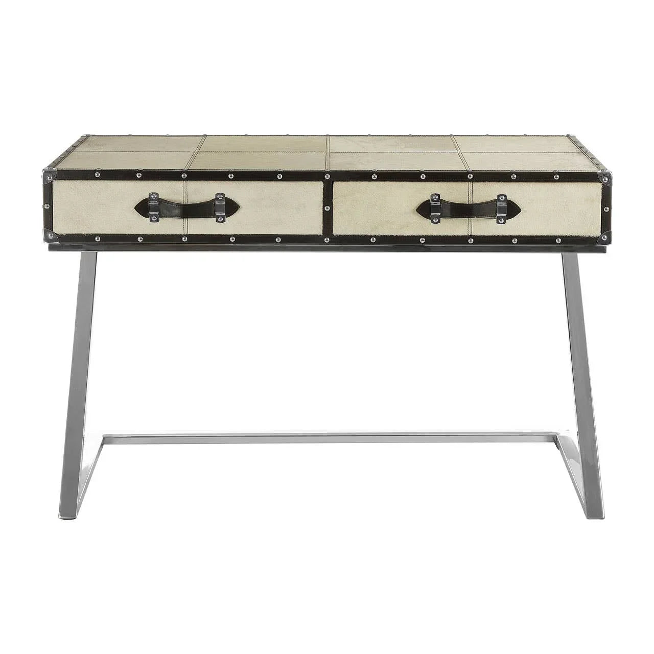 Industrial style writing desk with two drawers, metal legs and leather handle accents